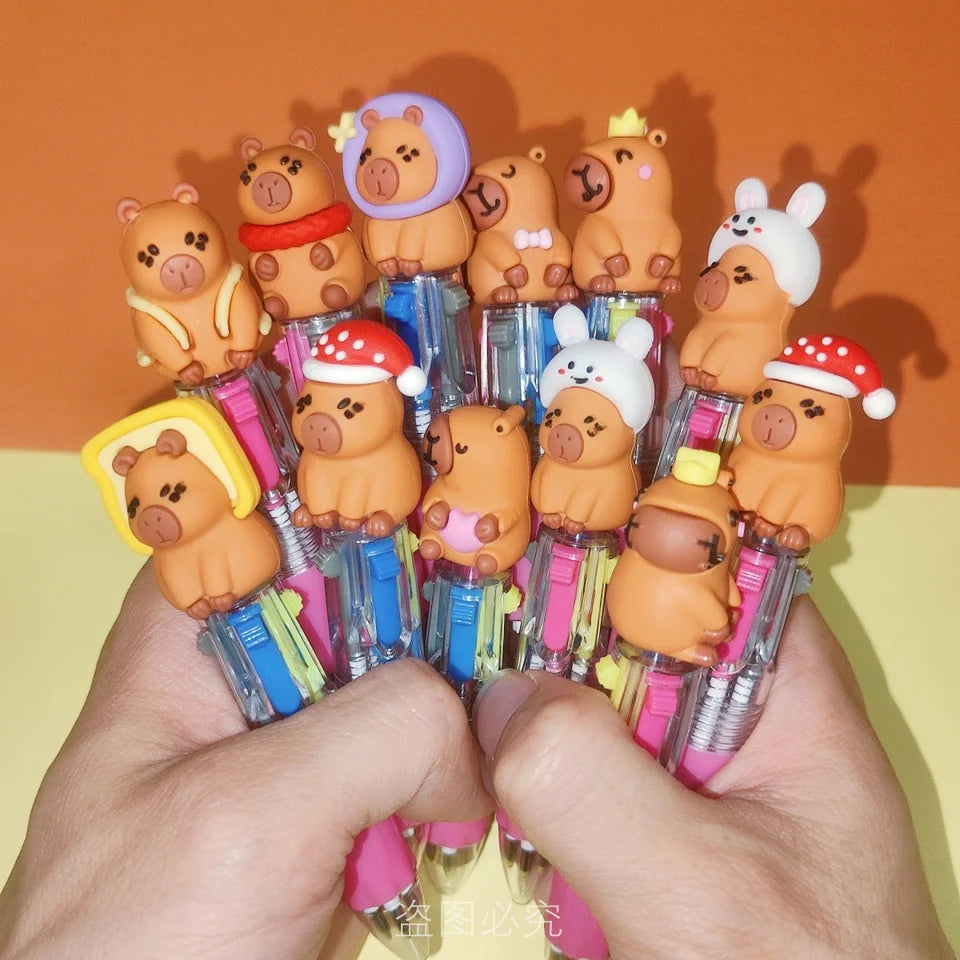 10Pcs/Lot Kawaii Capybara Mini 4 Colors Ballpoint Pens Cartoon Cute Multicolor Pen Kids School Stationery Office Supplies Gifts